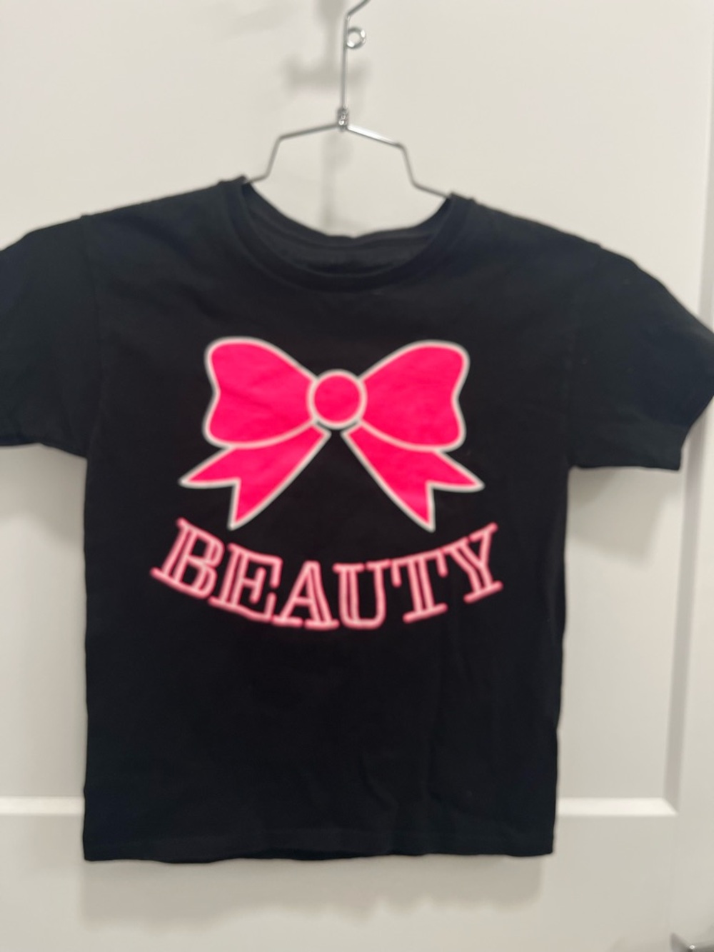 Girls' Black Short-Sleeve Tee with Pink Bow & "Beauty" Graphic